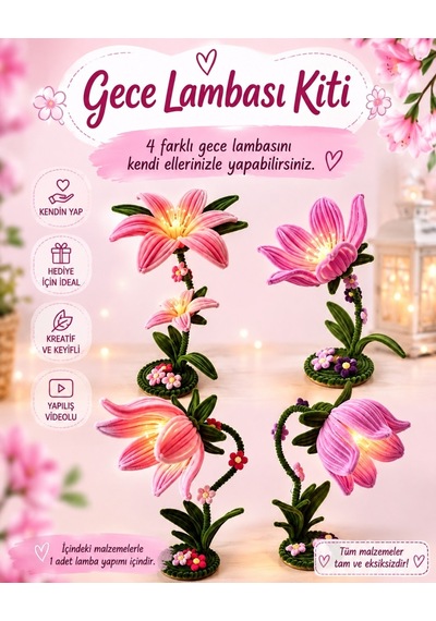 Çan Çiçeği Gece Lambası Kit Seti,renk Pastel Pembe, Tel Şönilden Tüylü Şönil Seti