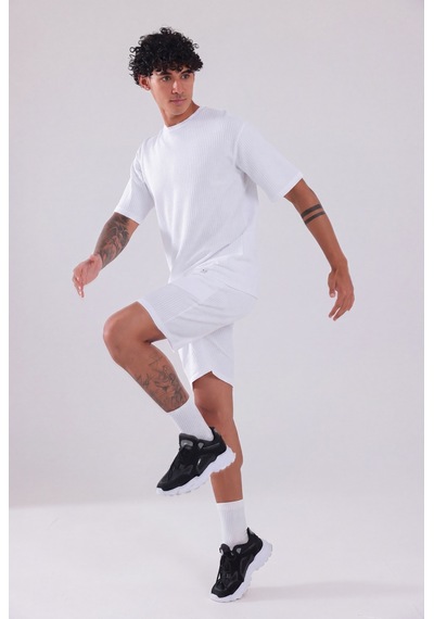 Rowinger Waffle Dokulu Oversize T-shirt Ve Şort Erkek Takım Whıte