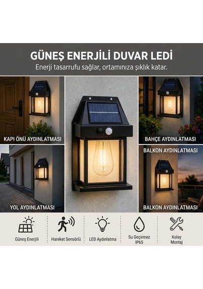 Ampul Model 3 Modlu Solar Led Duvar Lambası, Güneş Enerjili, Şarjlı Kablosuz Dış Mekân Apliği, Bahçe