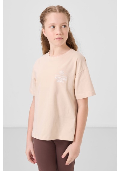 Bej Pamuklu O Yaka Oversize Fit Baskılı Kız Çocuk T-shirt - 75178 Bej