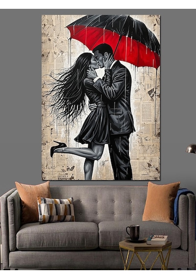 Ahşap Tablo Kırmızı Şemsiyeli Aşık Çift