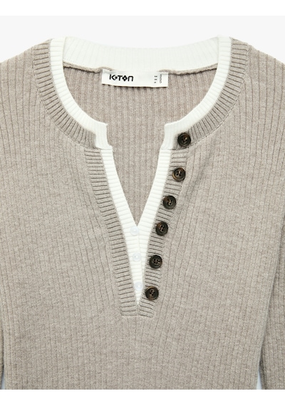 Koton Uzun Kollu Düğmeli Katmanlı Henley Yaka Triko Kazak Vizon 7wak90129ht