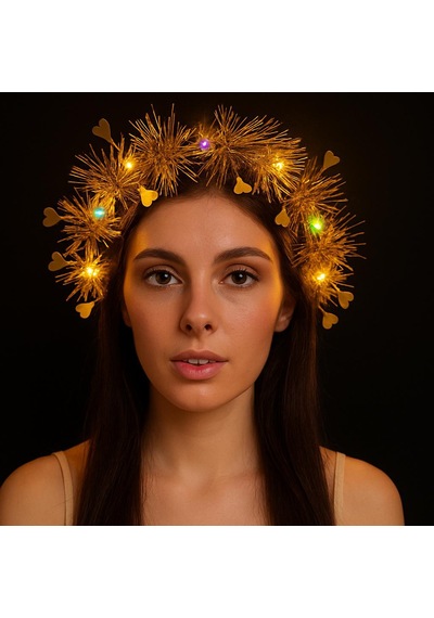Kalp Püsküllü Gece Parıltısı 3 Modlu Led&amp Apos Li Işıklı Taç Altın Renk 5224
