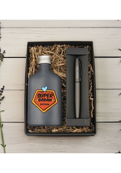Bk Gift Kişiye Özel İsimli Baba Temalı Antrasit Tasarım Cam Şişede Kolonya 200 Ml Ve Metal Roller Kalem Hediye Seti-2, Babaya Hediye, Babalar Günü Hed
