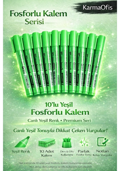 Fosforlu Kalem Seti 10'lu Yeşil Highlighter Yeşil