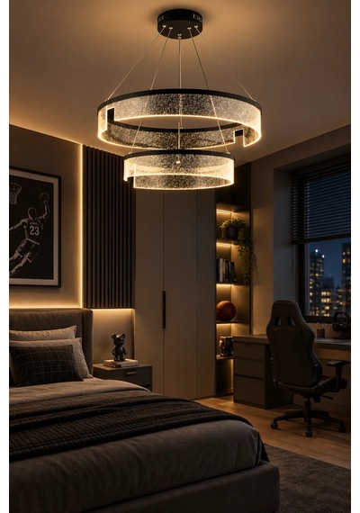 Modern Premium Cam Led Sarkıt Avize Siyah Çift Halkalı Dekoratif Salon Avizesi 48w
