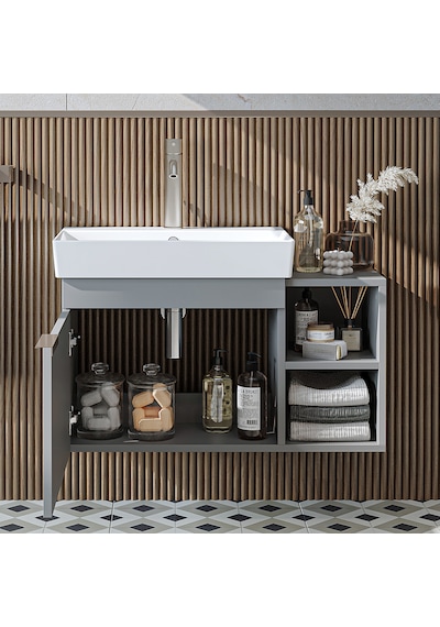 Likya Tek Kapaklı Açık Raflı Lavabolu 82 Cm Banyo Dolabı Alt, Lavabolu Alt Banyo Dolabı Kül Gri Likya Tek Kapaklı Açık Raflı Lavabolu 82 Cm Banyo Dolabı Alt, Lavabolu Alt Banyo Dolabı Kül Gri