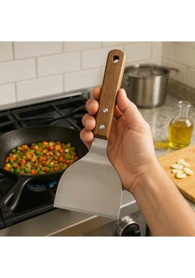 Tr Ahşap Saplı Paslanmaz Çelik Spatula 24cm Eğilimli Çok Amaçlı Mutfak Spatulası Izgara, Burger, Sebze, Genel