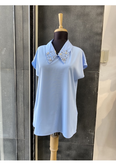 Pera Moda İç Göstermeyen Yakası İnci Ve Taşlı Kısa Kollu Şık Kadın Gömleği Bebe Mavisi