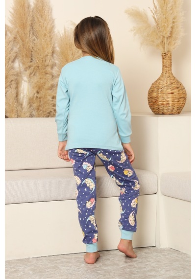 Kız Çocuk %100 Pamuk İnterlok Kumaş Pijama Takımı 6-15 Yaş 12421 Açık Mavi