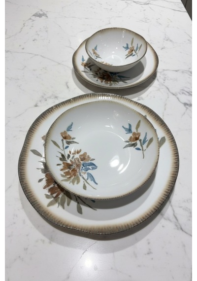 6 Kişilik 24 Parça Kayla Vintage Desenli Porselen Yemek Takımı İpek Krem