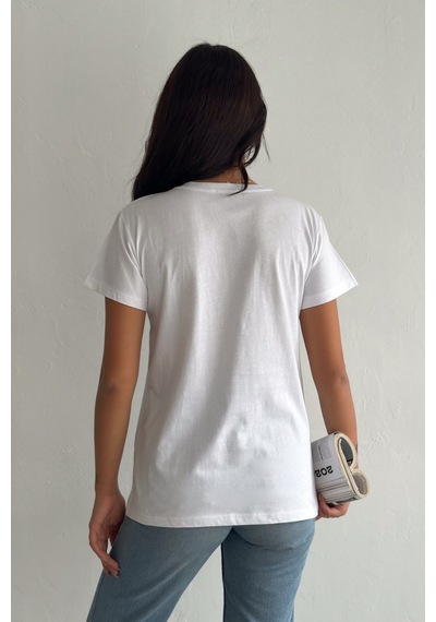 Femelle Kadın Beyaz V Yaka Omzu Yaprak Pul Payet İşlemeli %100 Pamuk T-shirt - Fem8