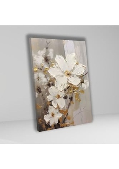 Tekli Dikey Kanvas Salon Tablosu Yağlı Boya Görünümlü Beyaz Çiçek, 30 X 40 -