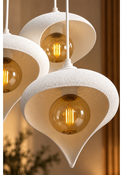 Beton Görünümlü 3'lü Su Damlası Sarkıt Avize Modern Bohem Salon Yemek Masası 3 Rustik Led Ampul Hediyeli Beyaz