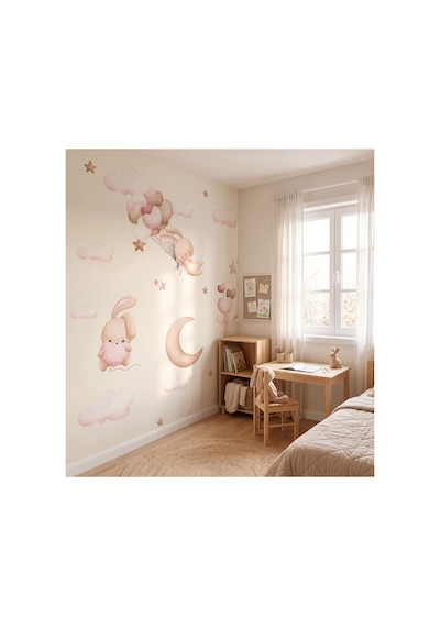 Pembe Bulutlar Bunny Çocuk Odası Poster Duvar Kağıdı Çok Renkli