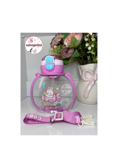 Tavşan Su Matarası Tavşanlı Suluk Figürlü Su Şişesi Tavşan Matara Askılı Pipetli Matara 850ml Pembe