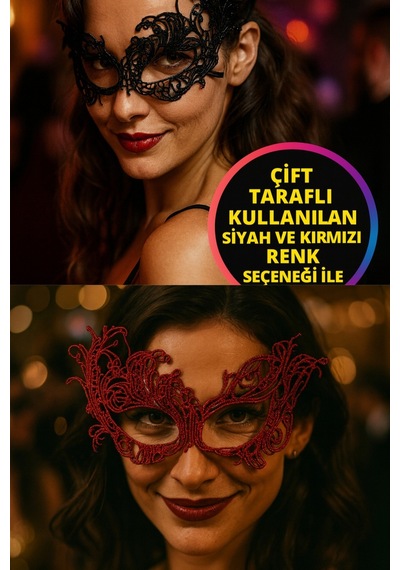Çift Taraflı Dantel Maskeli Siyah Kırmızı Renk Seçenekli Şık Masquerade Yüz Aksesuarı Parti Stil Model - 7