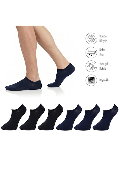 Lion Monroe Saf Bambu Erkek Sneaker Siyah - Lacivert Çorap Dikişsiz Görünmez Bilekte Spor Çorap Premium 6'lı L5952aznb Softaura