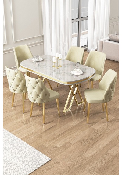 Canisa Afe Serisi 90x168 Lak Panel Beyaz Mermer Desen Gold Ayak Masa Takımı 6 Krem Sandalye Beyaz Mermer Desen Masa Sandalyeler Krem Canisa Afe Serisi 90x168 Lak Panel Beyaz Mermer Desen Gold Ayak Masa Takımı 6 Krem Sandalye Beyaz Mermer Desen Masa Sandalyeler Krem