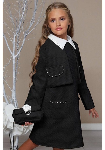Riccotarz Kız Çocuk Blazer Ceketli Bebe Yaka Sıfır Kol Triko Siyah Elbise Siyah