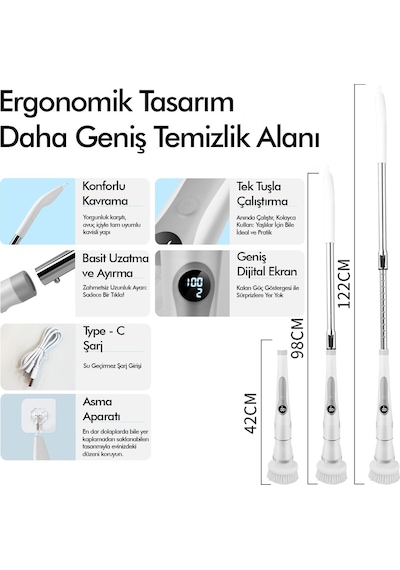 Kablosuz Şarjlı Temizlik Fırçası 8 Başlıklı 3 Kademe Hız Ayarlı Teleskopik Çok Amaçlı Ev Cihazı
