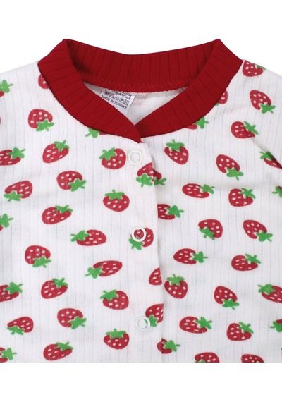 Bebegen Kız Çocuk Ekru Kırmızı Çilek Baskılı Çıtçıtlı Pijama Takımı Çok Renkli
