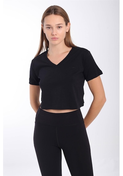 Maraton Sportswear Regular Kadın V Yaka Kısa Kol Basic Siyah Crop Top 21236 SIYAH