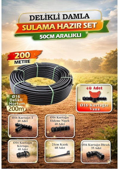 200 Metre 16mm Hazır Delikli Damla Sulama Seti, 50 Cm Aralıklı Bahçe Sera Tarla Sulama Sistemi