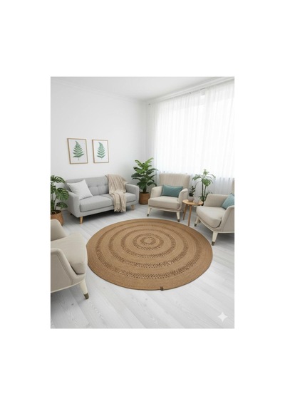 Jüt Hasır Görünümlü Desenli Modern El Örgüsü Daire Halı Kilim Hasır Hasır