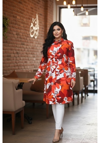 Polologin Butik Turuncu Beyaz Çiçek Desenli Viskon Gömlek - Yumuşak Dokulu Yazlık Tunik Turuncu
