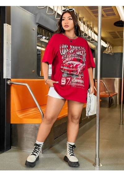 Flood Of Style Kadın Kırmızı Los Angeles Baskılı Bisiklet Yaka Tshirt