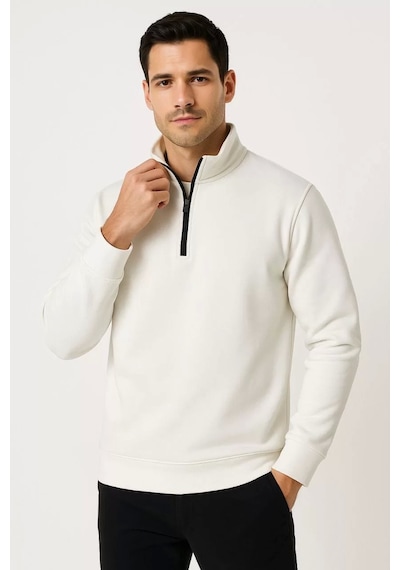 Cvs Giyim Erkek Dik Yaka Sweatshirt Dik Yaka Yarım Fermuarlı 3 İplik Şardonlu Pamuk Kumaş - Beyaz Beyaz