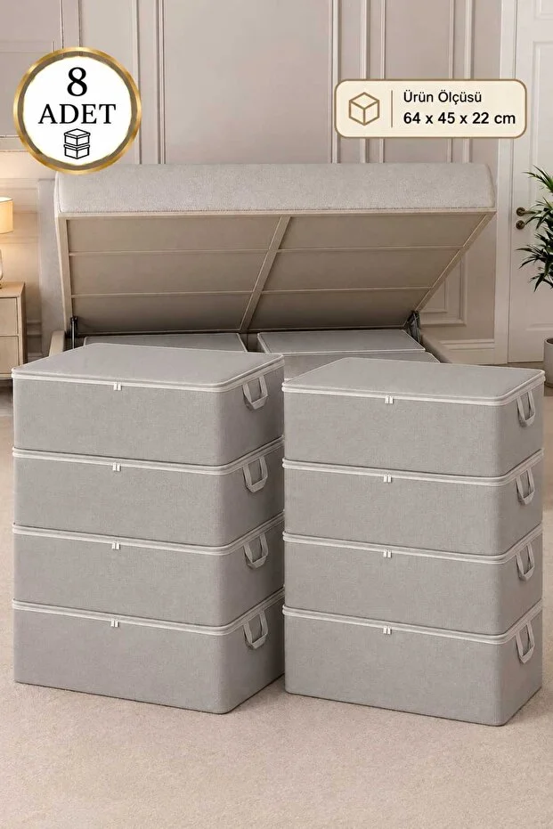8 Adet Çekyat Baza Tipi Yastık Kıyafet Saklama Hurcu - Baza Altı Düzenleyici Hurç 64 X 45 X 22 Cm Açık Gri