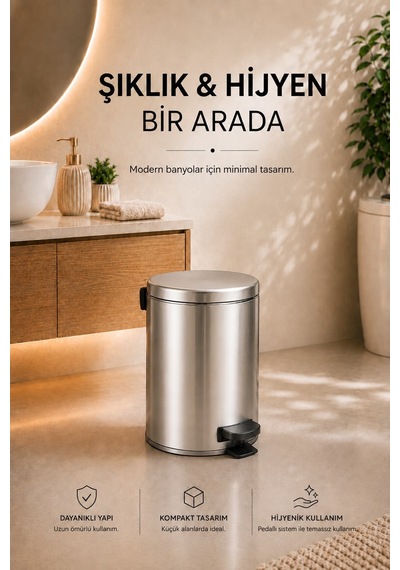 Sas Haus Pedallı Çöp Kovası 3 Litre İç Kovalı Kapaklı Banyo Çöp Kutusu Krom - Elit 7003