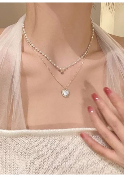 Lunarie Çift Sıra Katmanlı İnci Kalp Sarkıtlı 14k Gold Kolye Beyaz
