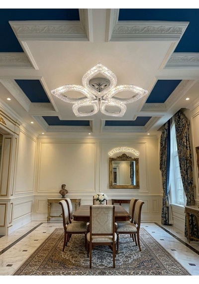 Yonca Model Gümüş 5"li Ledli 3 Renk Modu Kristal Salon Mutfak Yatak Çocuk Odası Avize Gümüş