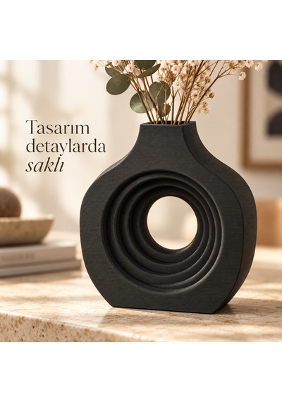 Halka Tasarımlı Dekoratif Vazo Modern Çiçeklik Siyah