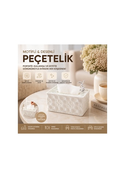 18.4x12.5x9cm Beyaz Yaylı Masaüstü Dekoratif Dikdörtgen Peçetelik 5671 Çok Renkli Çok Renkli