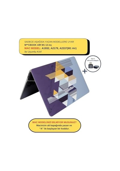 Macbook Air 13 İnç Kılıf A2337 M1 A2179 A1932 Uyumlu Hard Case Sert Kapak Geometrik Desenli Uv Baskılı Koruyucu Kılıf İnce Hafif Laptop Kılıfı Siyah