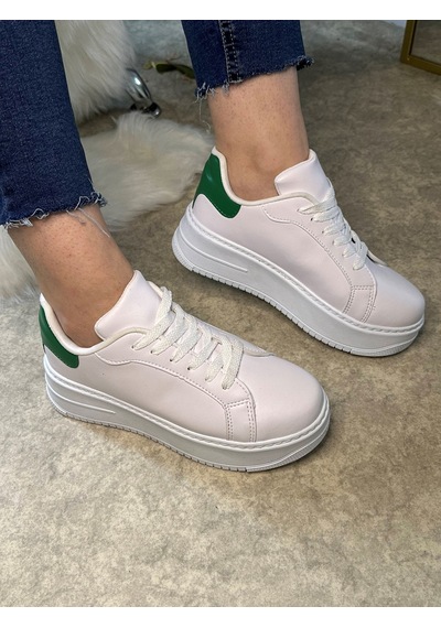 Günlük Kadın Sneaker Bağcıklı Hafif Kalın Yüksek Tabanlı Leopar Detaylı Yürüyüş Spor Ayakkabı 065 Beyaz Yeşil