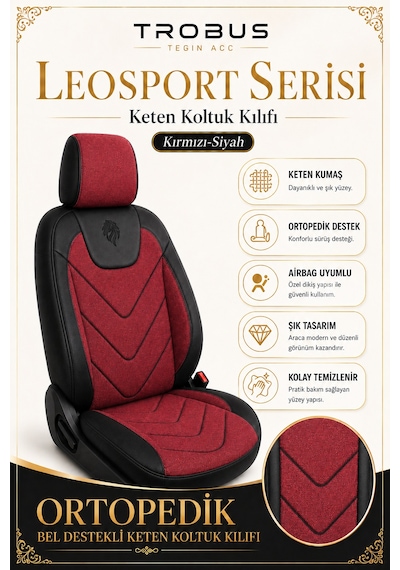 Renault Fluence 2010 Sonrası Uyumlu Leosport Serisi Kırmızı Siyah Ortopedik Keten Koltuk Kılıfı