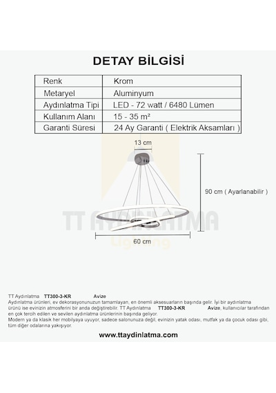 Tt300-3 Kr Tt Aydınlatma 3 Lü Krom Kaplama Gün Işığı Led Avize Krom