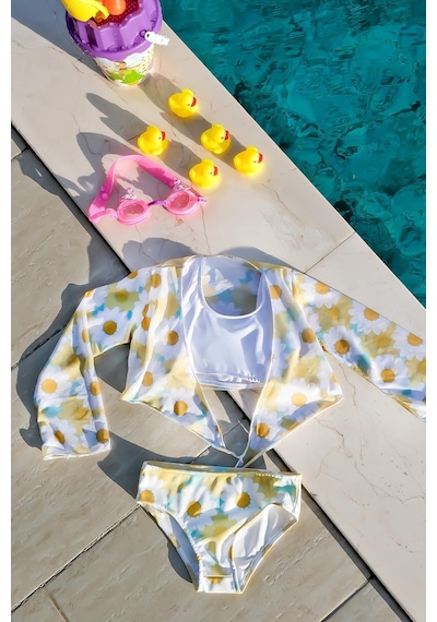 Mayom Kız Çocuk Papatya Desenli Pareolu Bikini Takımı 3'lü Set-sarı-beyaz Beyaz - Sarı Mayom Kız Çocuk Papatya Desenli Pareolu Bikini Takımı 3'lü Set-sarı-beyaz Beyaz - Sarı
