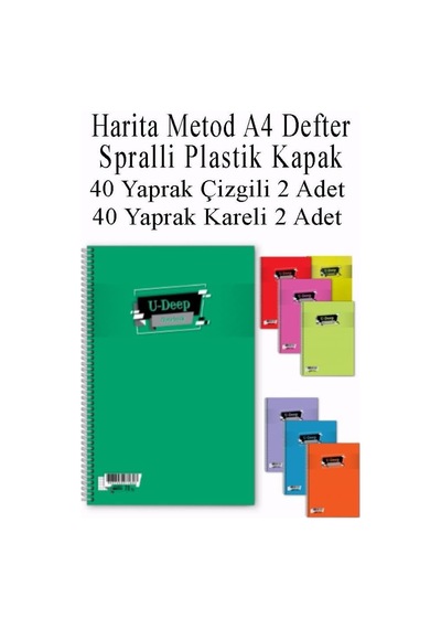A4 Okul Defteri Spiralli Plastik Kapak 40 Yaprak Çizgili 2 Adet Ve 40 Yaprak Kareli 2 Adet Spralli Harita Metod Çok Renkli
