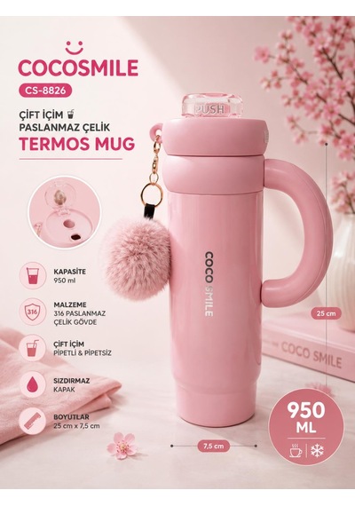 Cocosmile Cs-8826 Pembe 950 Ml Çift İçim Paslanmaz Çelik Termos Mug
