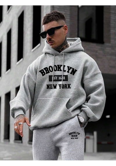 Siyah Brooklyn New York Baskılı Kapüşonlu Sweatshirt Ve Eşofman Altı Eşofman Takımı Gri Siyah Brooklyn New York Baskılı Kapüşonlu Sweatshirt Ve Eşofman Altı Eşofman Takımı Gri