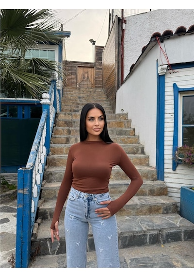 WeShaya Kadın Kahve Bisiklet Yaka Uzun Kollu Parmak Geçmeli Viskon Badi Tişört Kahve