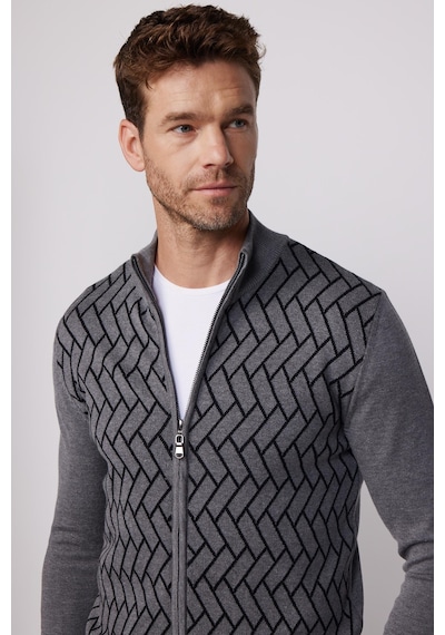 Tudors Erkek Slim Fit Dar Kesim Yarım Balıkçı Yaka Fermuarlı Önü Desenli Gri-siyah Hırka-29525-multi Gri