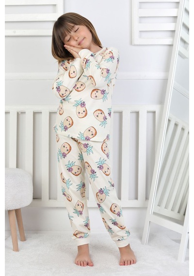 Cute Ananas Desenli Kız Çocuk Pijama Takımı Ekru