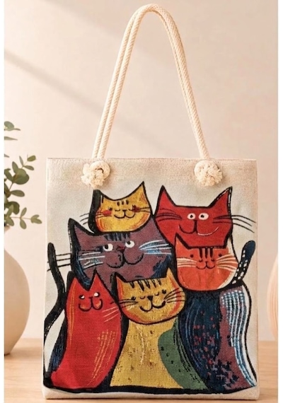 Genel Markalar Goblen Kadın Omuz Çantası+ Kedi Desen4 Krem.karışık Renkli Desenli
